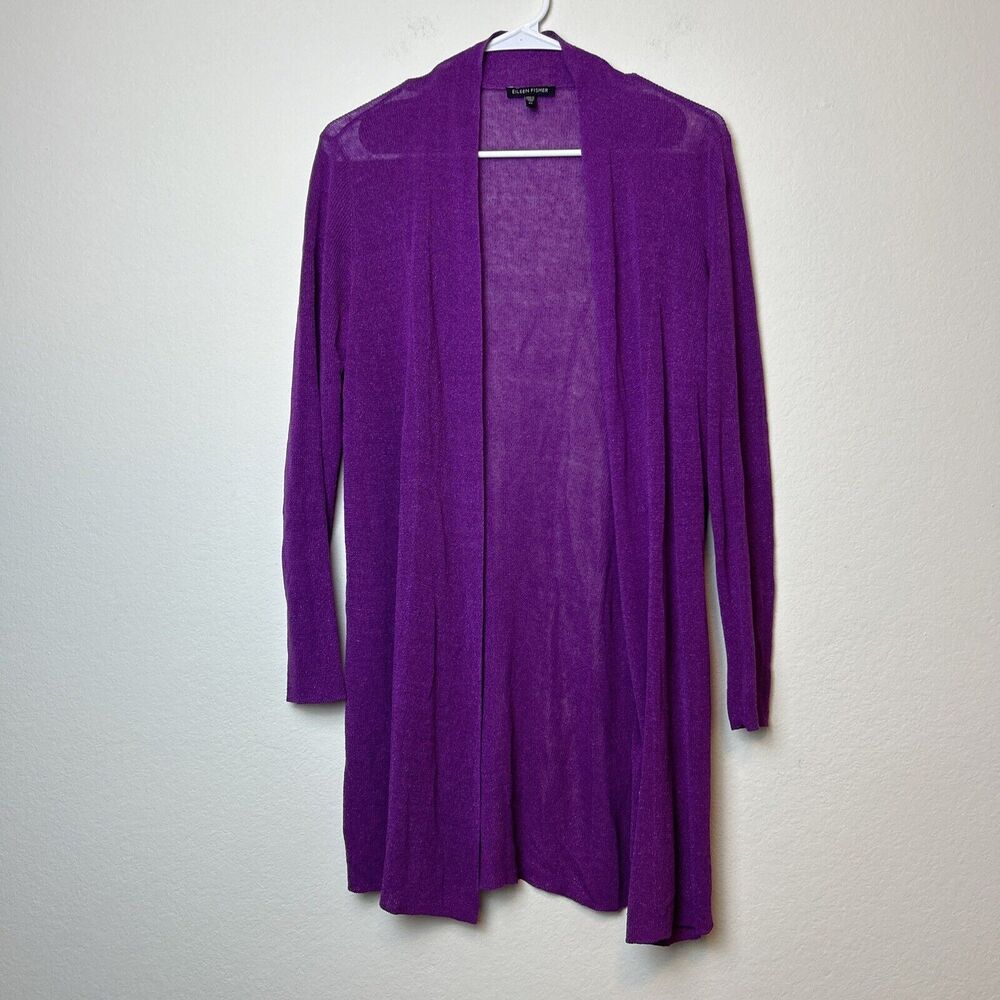 Eileen Fisher Cardigan Womens XS Purple Linen Nylon Open Knit Lagenlook Classic